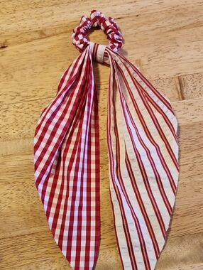 Red and White Gingham + Striped Scarf Scrunchie